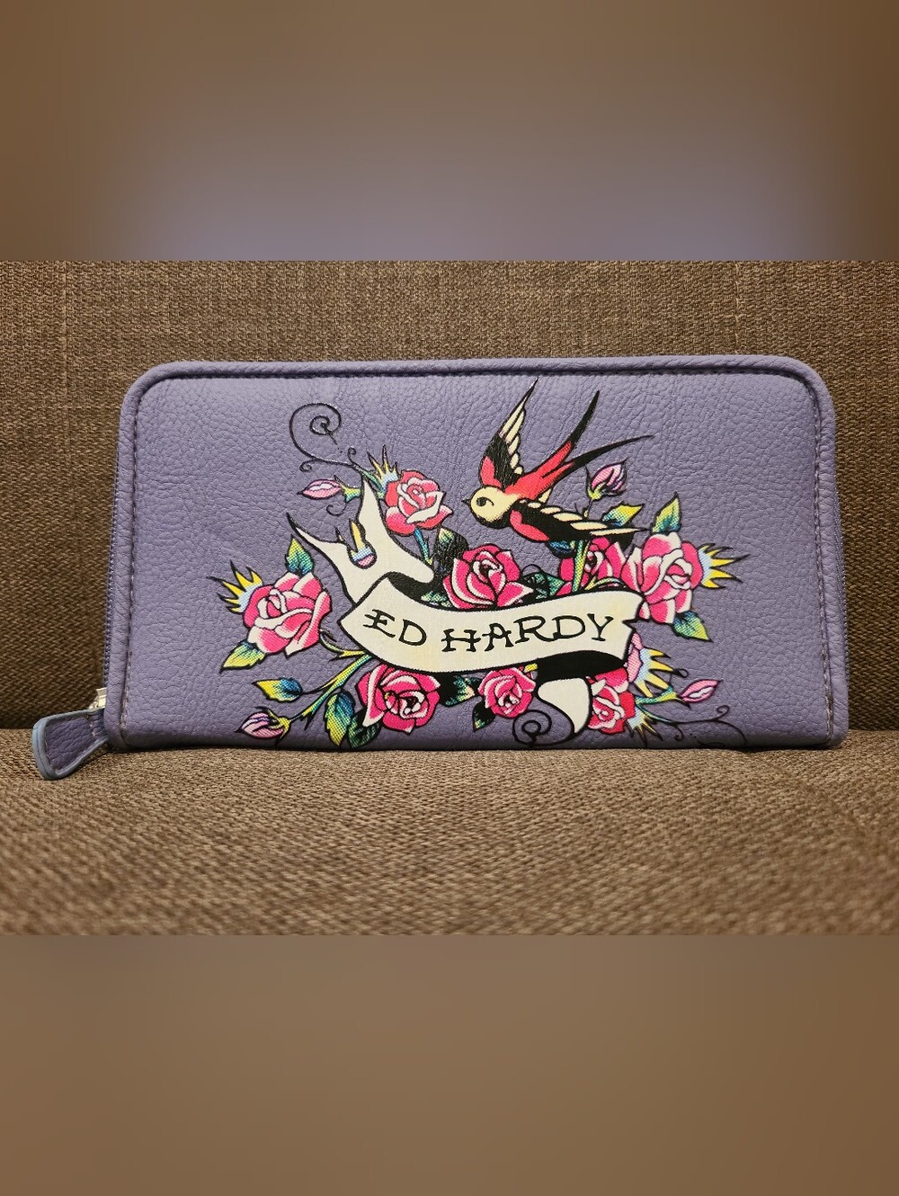 Ed Hardy "Swallows & Roses" zip-around purple wallet